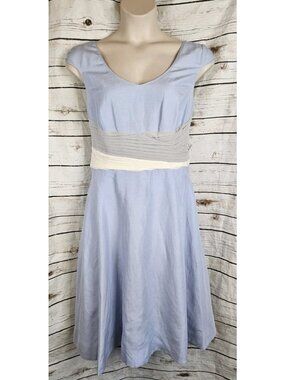 J Peterman Blue Fit & Flare Midi Dress 16 Silk Linen Cap Sleeve Pleated Waist
